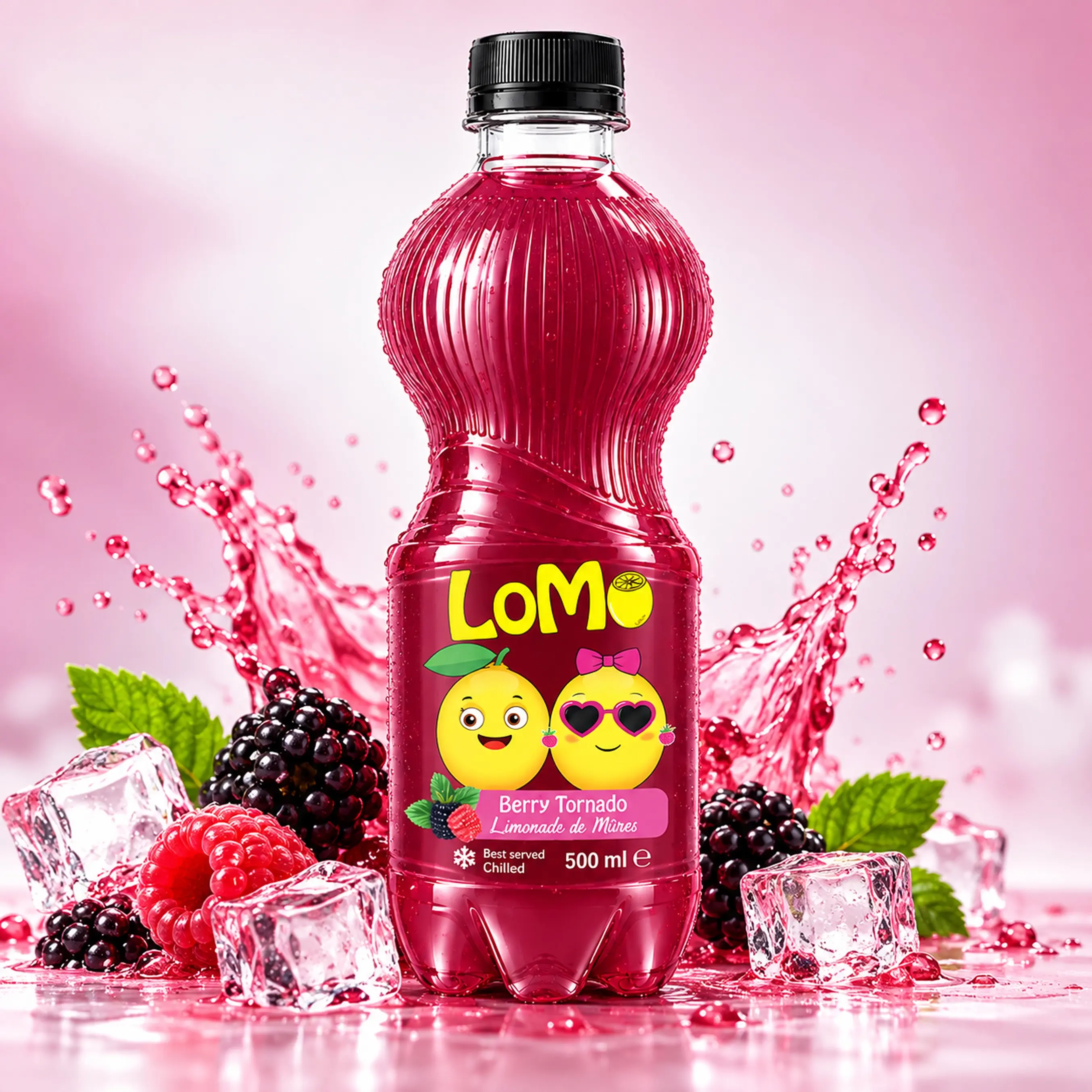 LOMO Berry Tornado 500ml lemonade bottle with blackberries, raspberries, ice cubes and berry splash.
